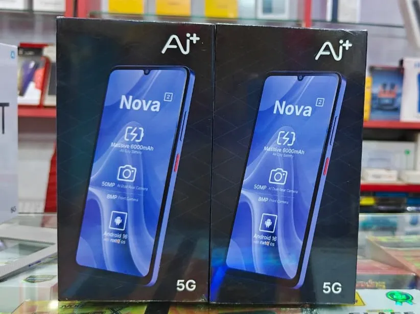 Ai+ Nova 2 5G smartphone boxes on the shop counter